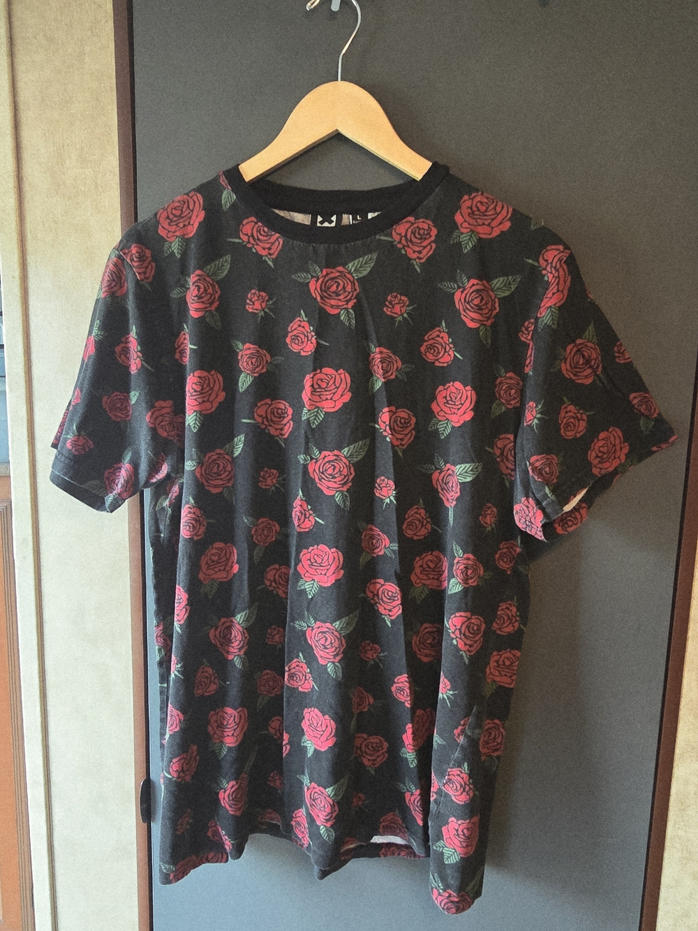 Men's Black Short-Sleeve Tee with Red Rose Print